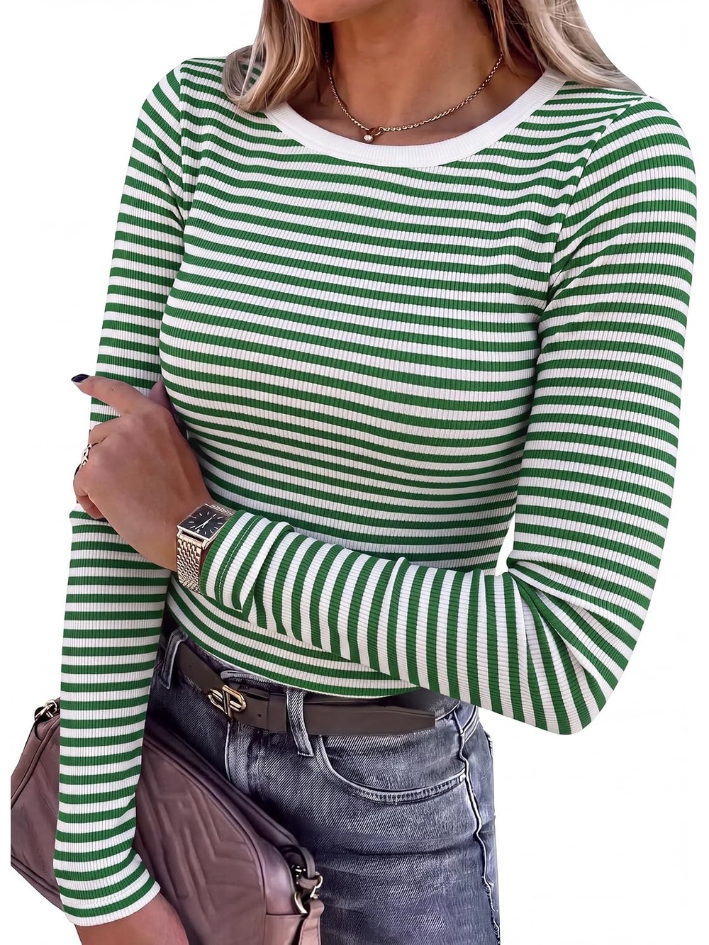 Women Green Striped Slim Lightweight Knit Long Sleeve Shirts Ribbed Fitted Tops